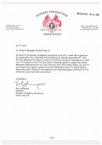 Burnaby Firefighters Association Thank You Letter