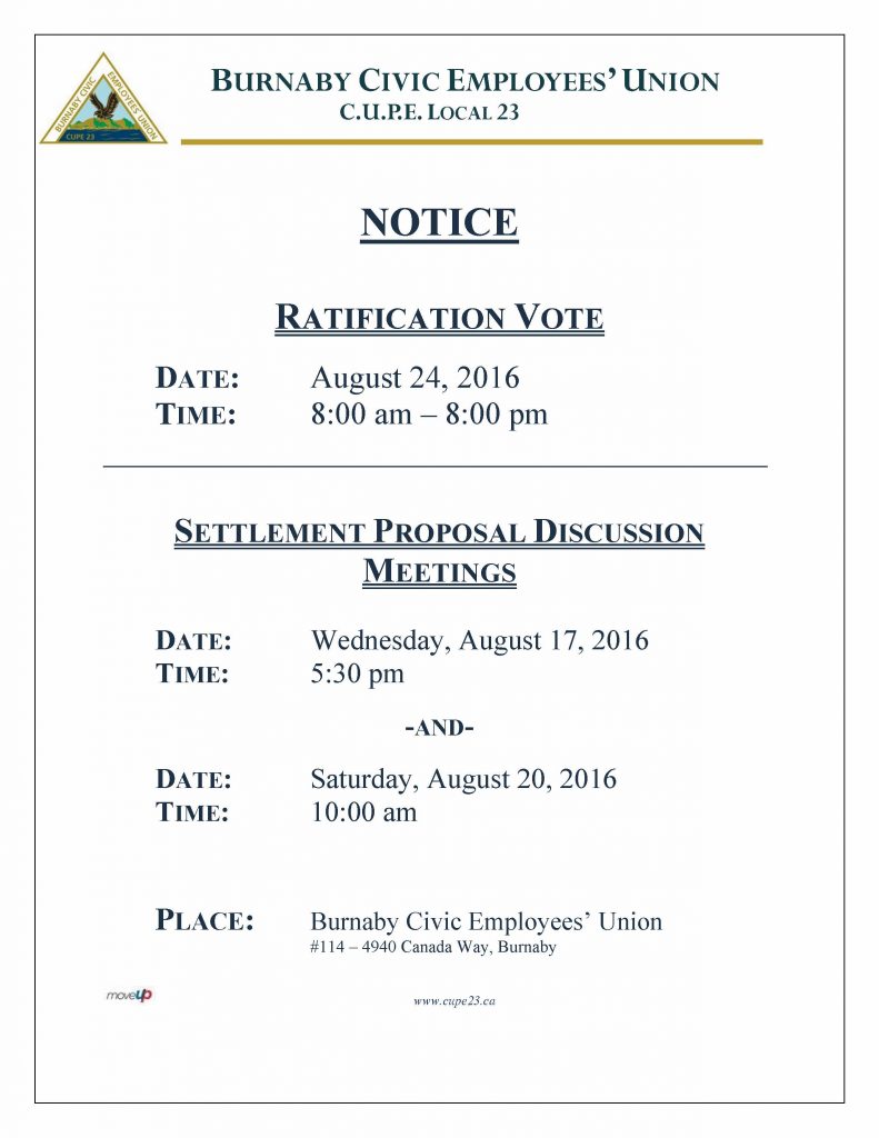 Settlement Discussion and Ratification Meeting Notice 2016