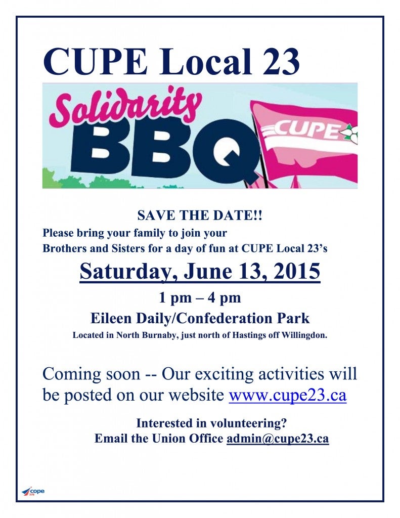 CUPE 23 BBQ Flyer 2015 save the date