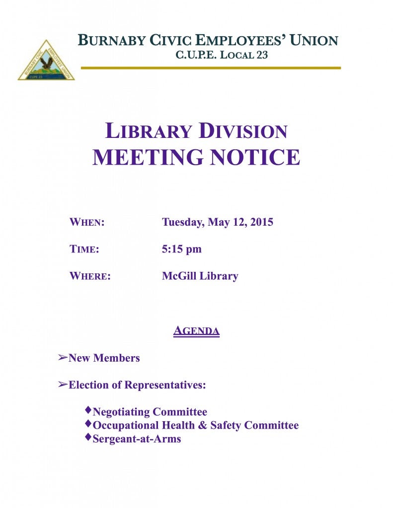 Library Division Meeting May 12 notice