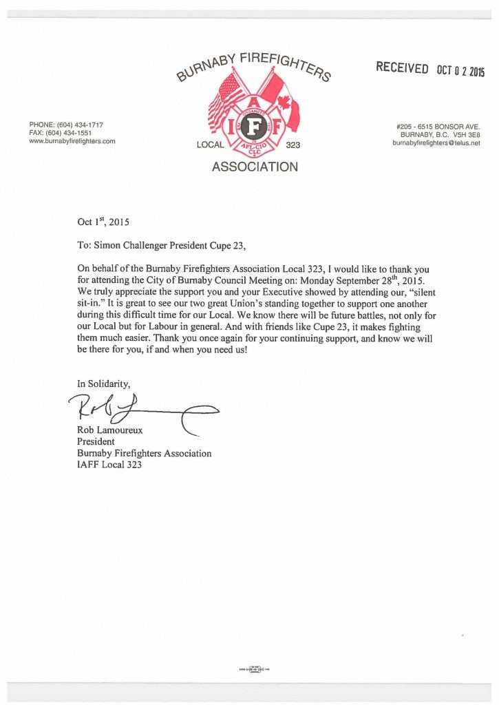 Burnaby Firefighters Association – Thank You Letter – CUPE 23