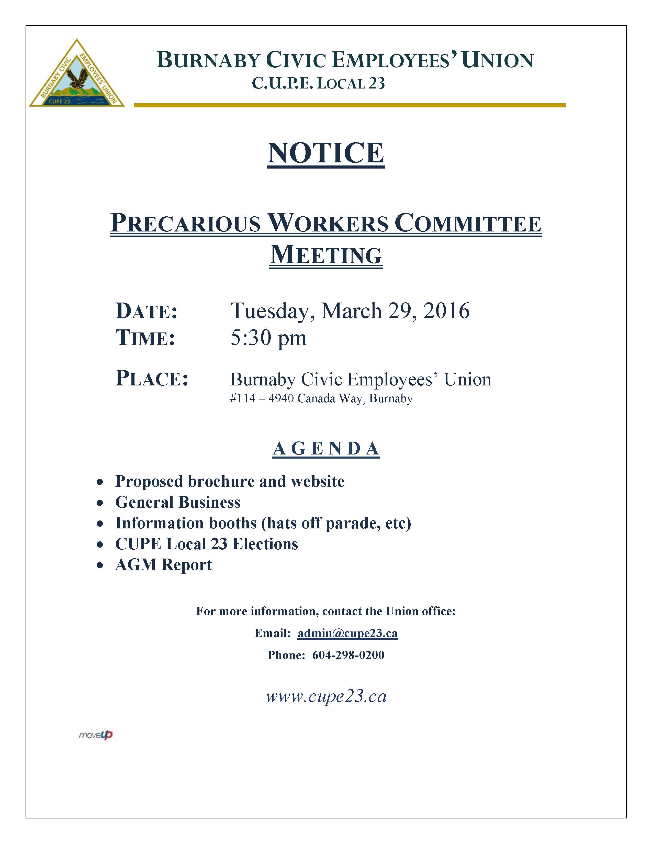 PWC Meeting Notice 16-03-29 - CUPE 23