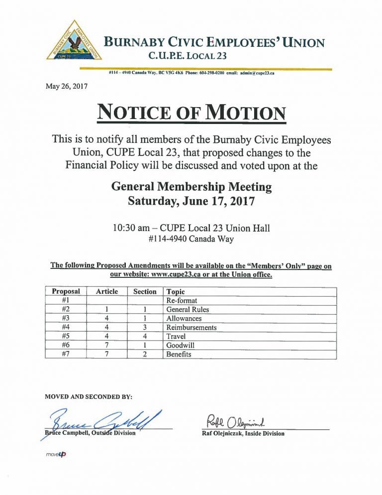 Notice of Motion CUPE 23