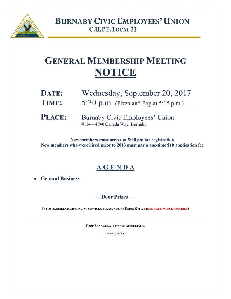 General Membership Meeting Notice - September 2017 - September 20, 5:30 pm, Union Hall