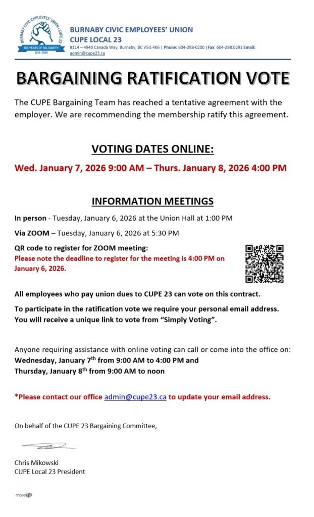 In Person Info Meeting - Ratification @ CUPE 23 Meeting Hall